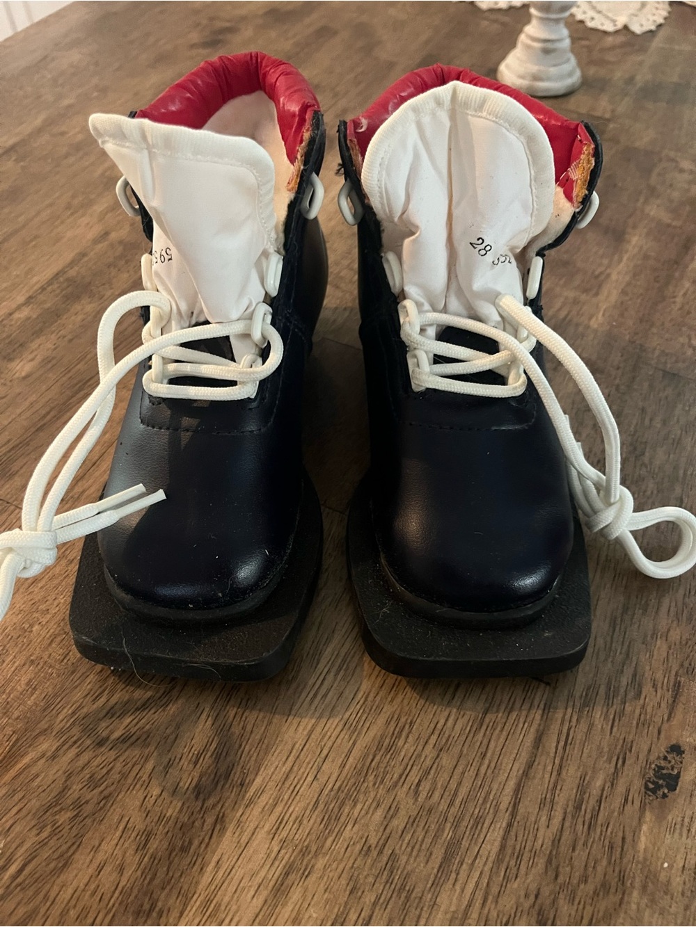Kids Lace-Up Cross Country Ski Boots, Black and White Boots with Red Collar